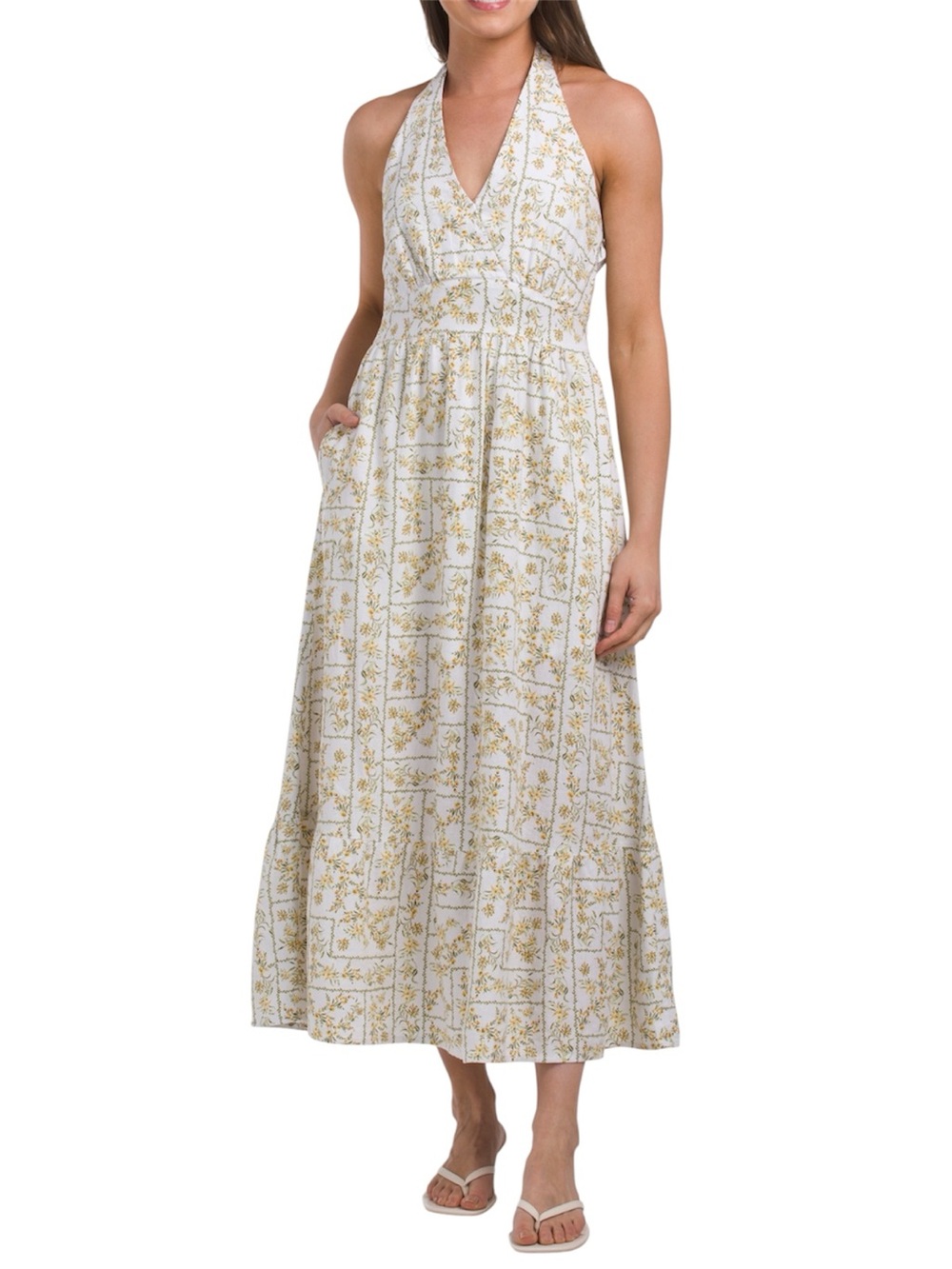 Joie Linen Cotton Blend Halter Maxi Dress White Yellow Floral Print